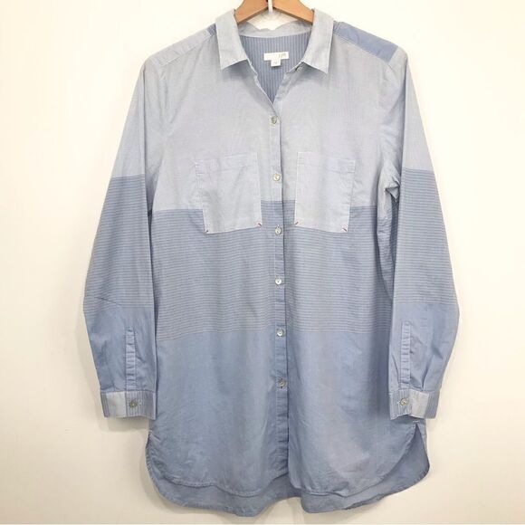 J. Jill Blue Contrast Stripe Button Up Long Sleeve Cotton Tunic Blouse - Picture 1 of 13